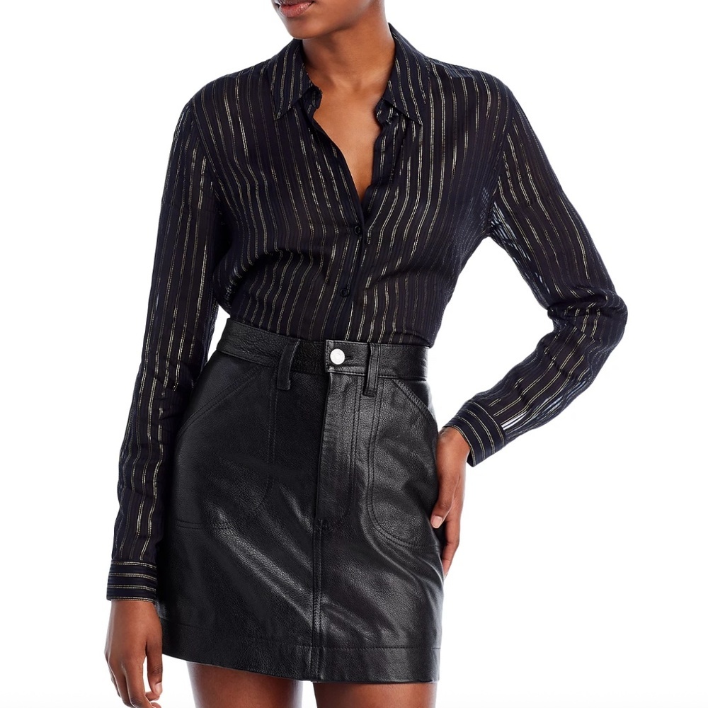 New L’agence Laurent Sheer Metallic Stripe Shirt, Black/Gold, Size L